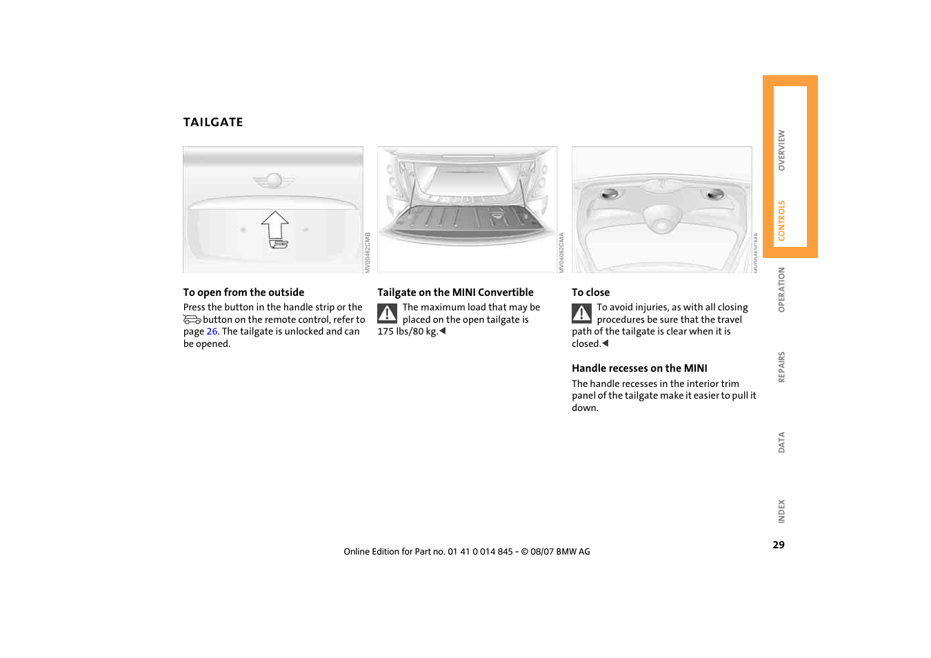 Tailgate, Tailgate 29 | Mini 2008 Cooper Convertible User Manual | Page 31 / 176