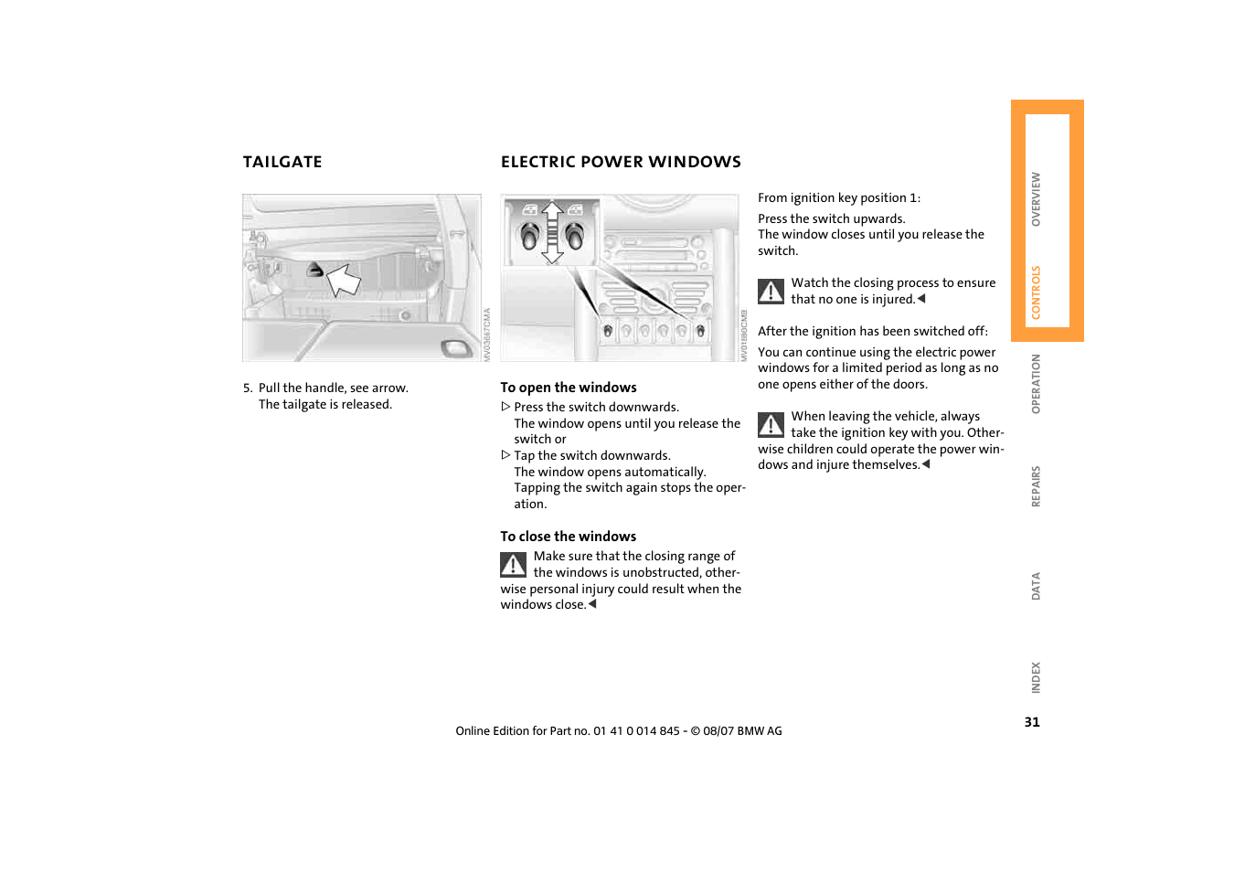 Tailgate, Electric power windows, Electric power windows 31 | Mini 2008 Cooper Convertible User Manual | Page 33 / 176