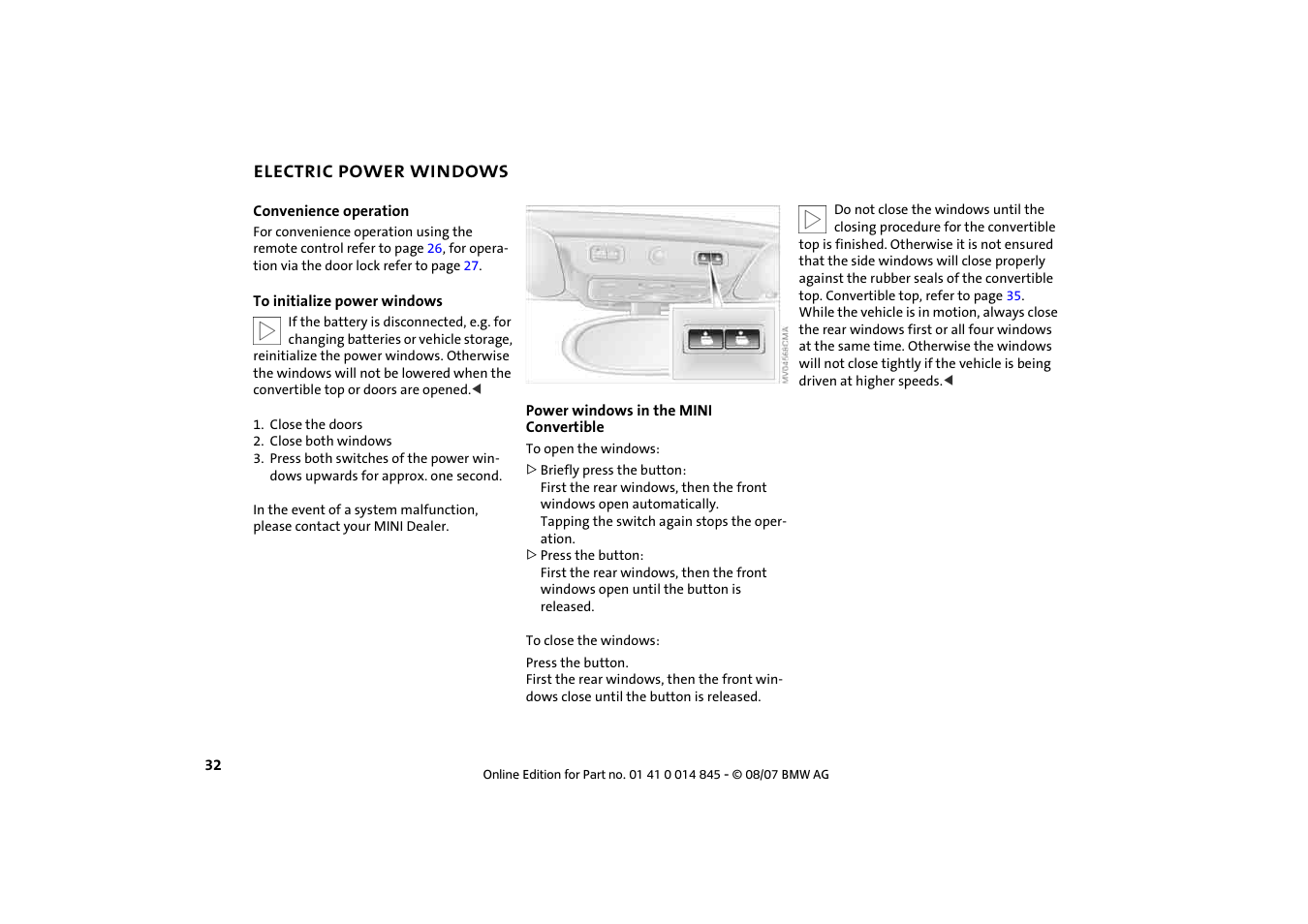 Electric power windows | Mini 2008 Cooper Convertible User Manual | Page 34 / 176