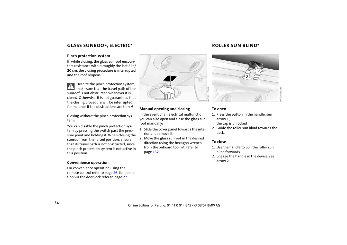 Glass sunroof, electric, Roller sun blind | Mini 2008 Cooper Convertible User Manual | Page 36 / 176