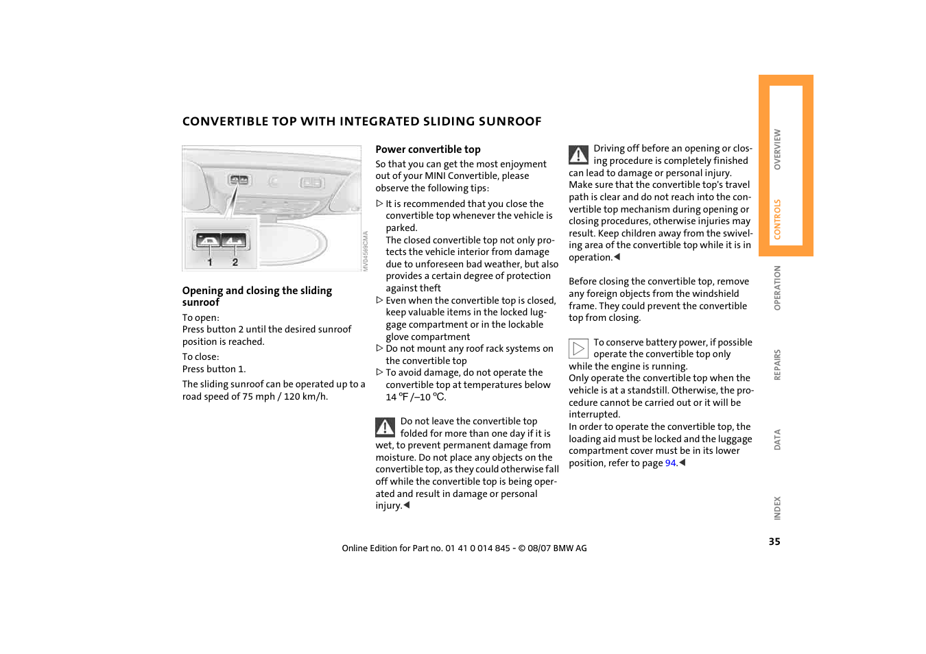 Convertible top with integrated sliding sunroof, Convertible top with integrated sliding, Sunroof 35 | Mini 2008 Cooper Convertible User Manual | Page 37 / 176