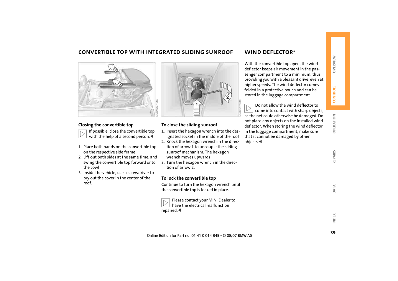 Convertible top with integrated sliding sunroof, Wind deflector | Mini 2008 Cooper Convertible User Manual | Page 41 / 176
