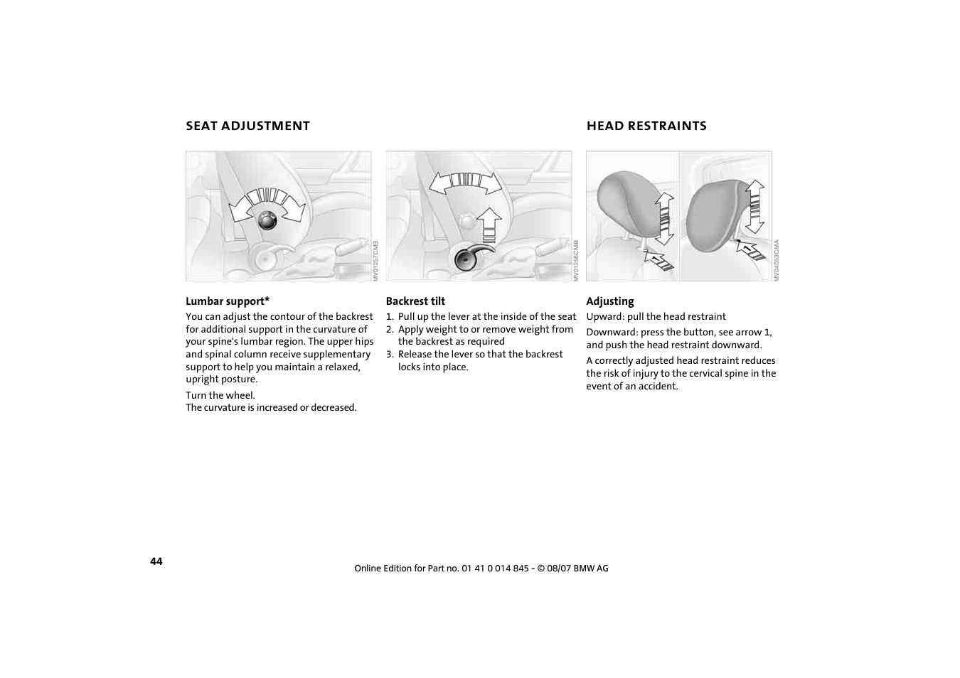 Seat adjustment, Head restraints, Head restraints 44 | Mini 2008 Cooper Convertible User Manual | Page 46 / 176