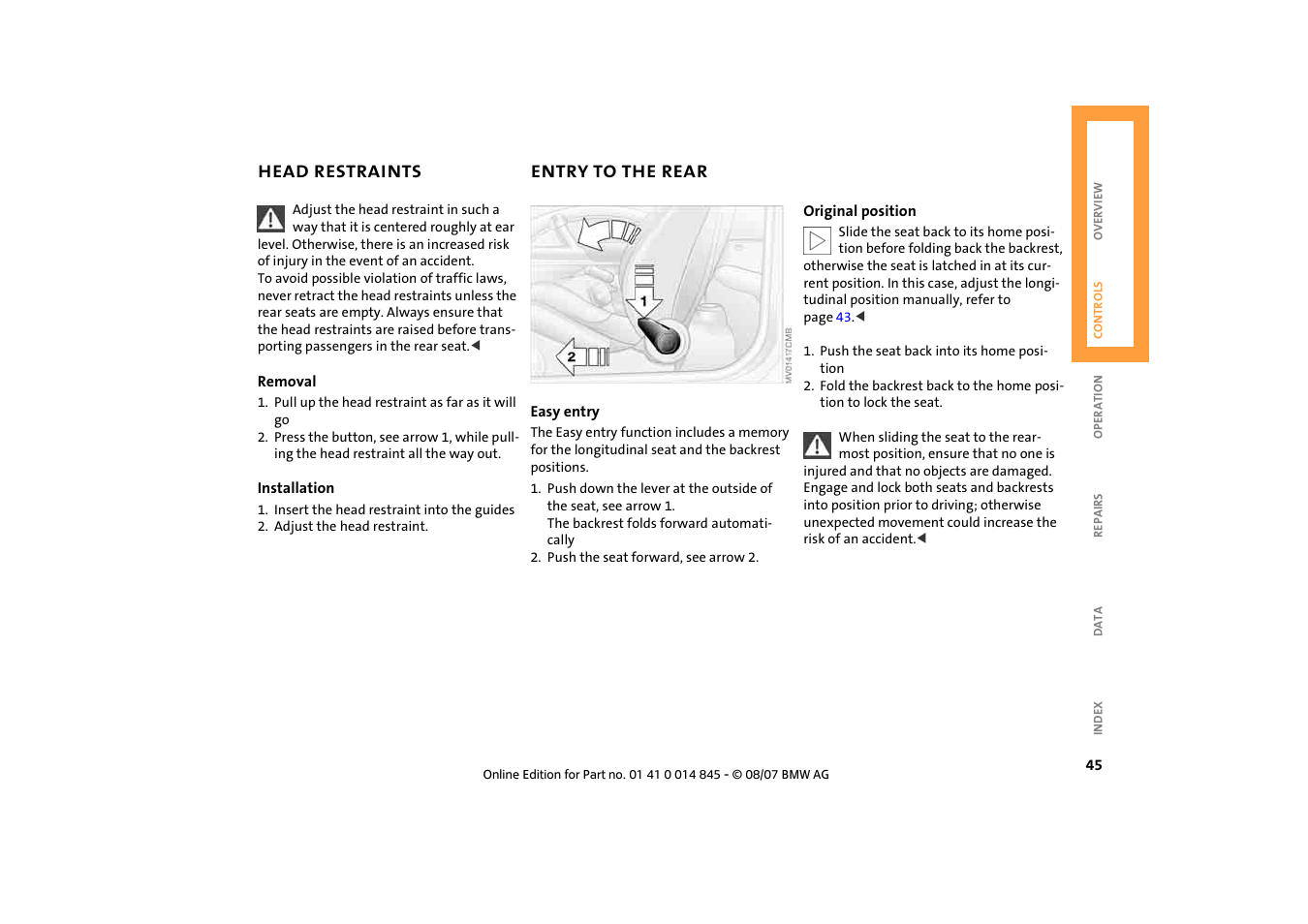 Head restraints, Entry to the rear, Entry to the rear 45 | Mini 2008 Cooper Convertible User Manual | Page 47 / 176