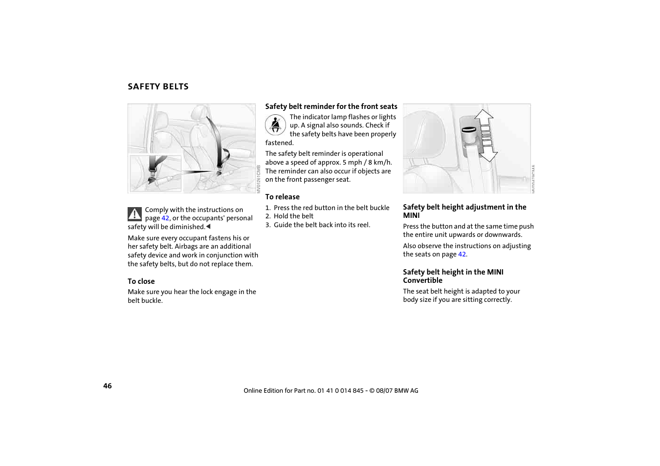 Safety belts, Safety belts 46 | Mini 2008 Cooper Convertible User Manual | Page 48 / 176