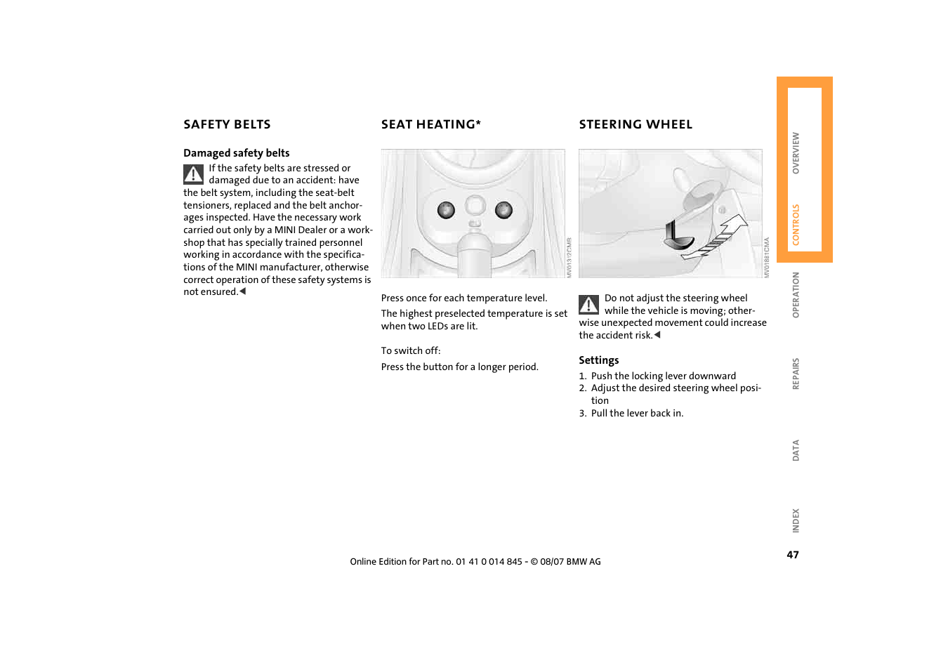 Safety belts, Seat heating, Steering wheel | Steering wheel 47 | Mini 2008 Cooper Convertible User Manual | Page 49 / 176