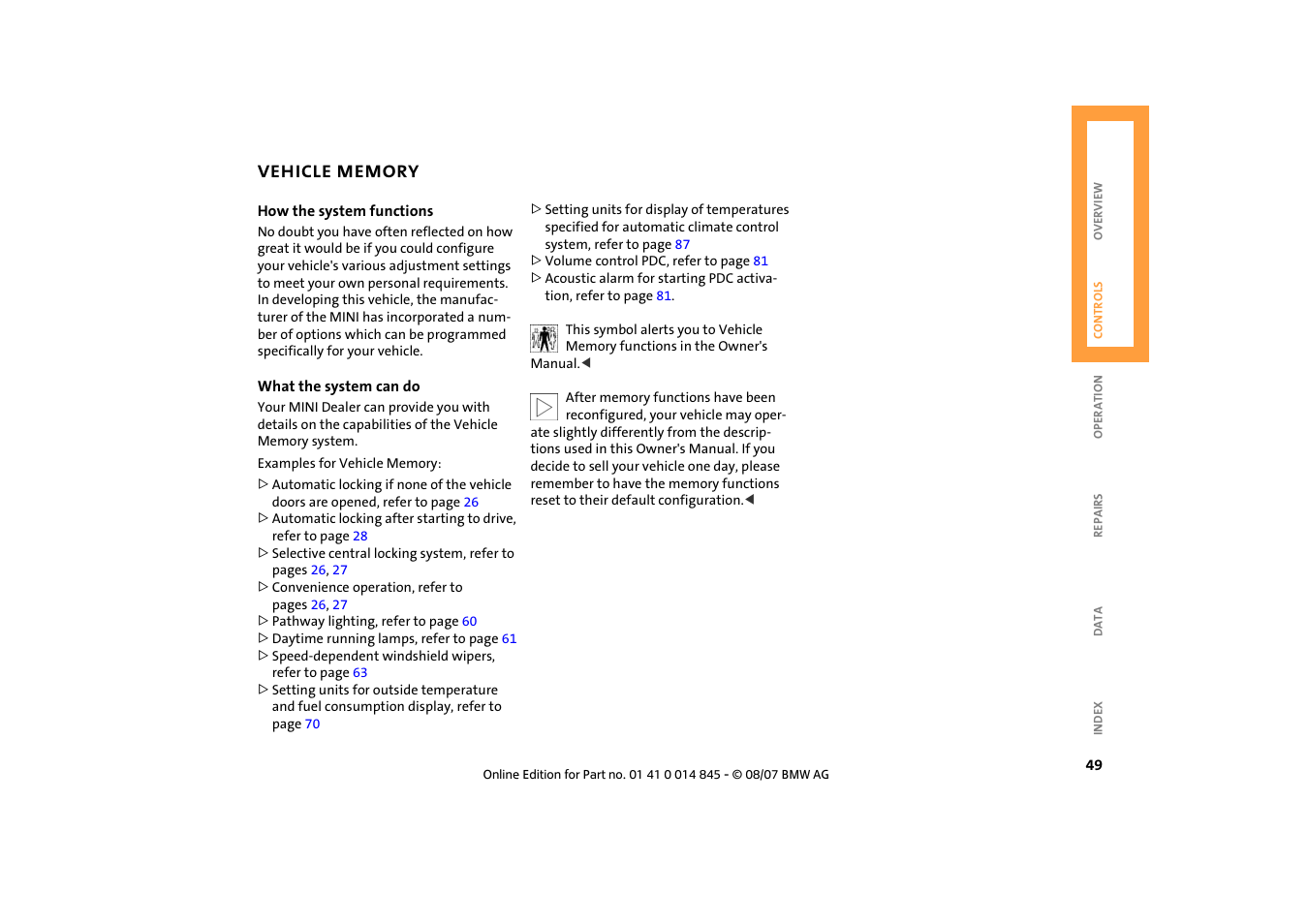 Vehicle memory, Vehicle memory 49 | Mini 2008 Cooper Convertible User Manual | Page 51 / 176