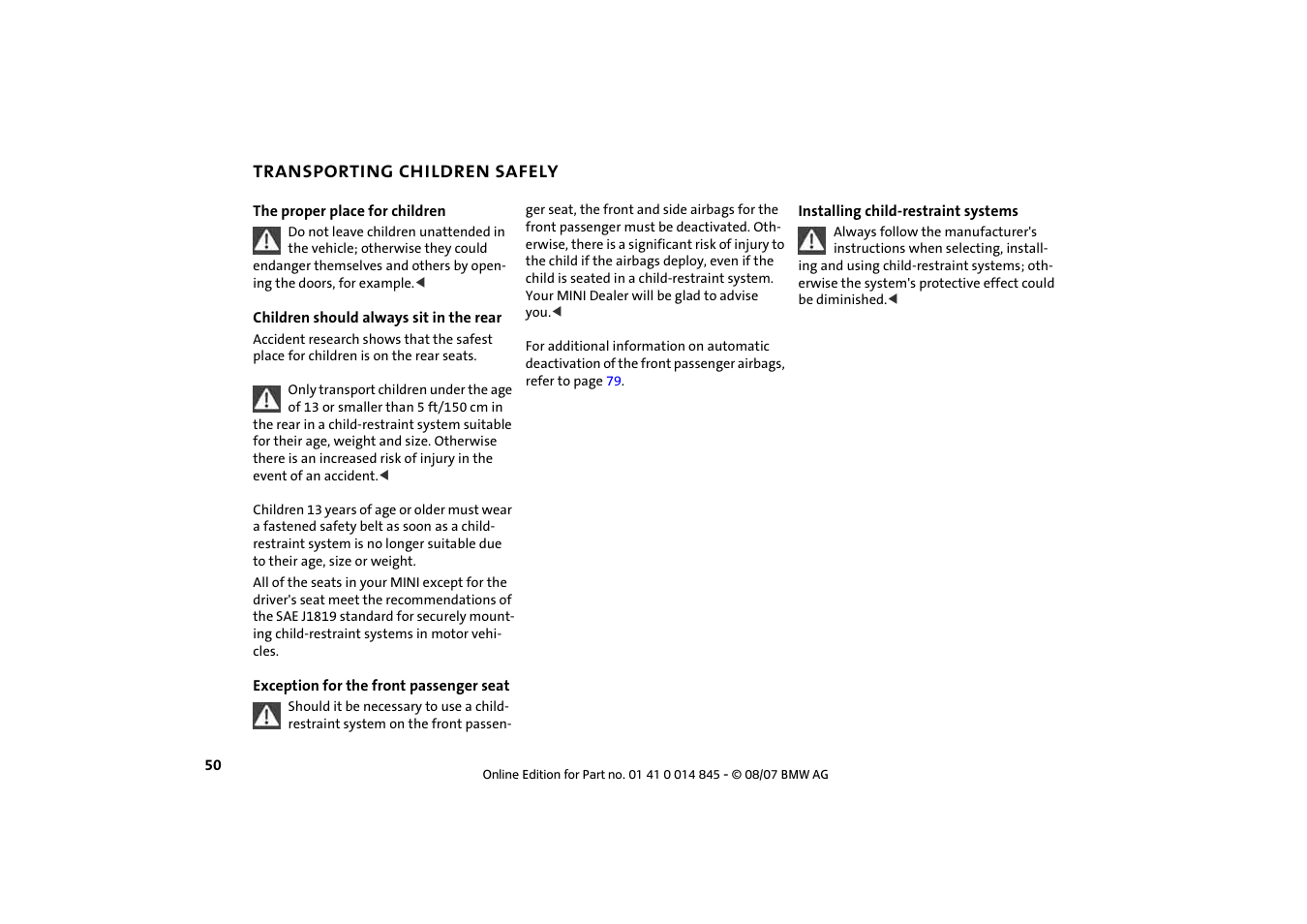 Transporting children safely, Transporting children safely 50 | Mini 2008 Cooper Convertible User Manual | Page 52 / 176
