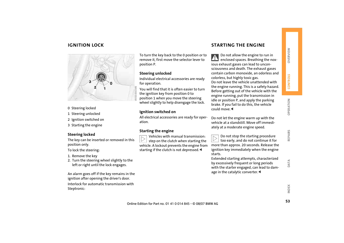 Ignition lock, Starting the engine, Ignition lock 53 starting the engine 53 | Mini 2008 Cooper Convertible User Manual | Page 55 / 176