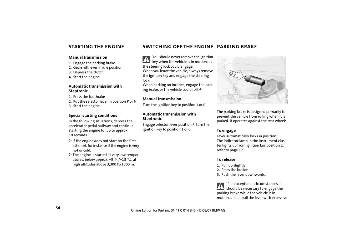 Starting the engine, Switching off the engine, Parking brake | Switching off the engine 54 parking brake 54 | Mini 2008 Cooper Convertible User Manual | Page 56 / 176