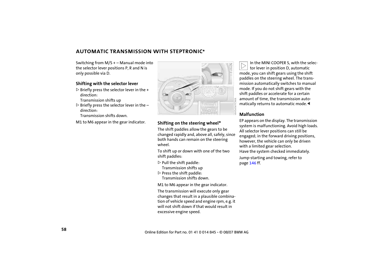 Automatic transmission with steptronic | Mini 2008 Cooper Convertible User Manual | Page 60 / 176