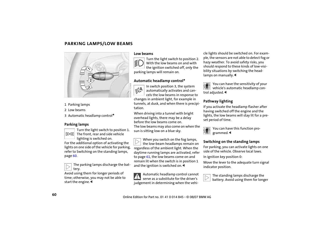 Parking lamps/low beams, Parking lamps/low beams 60 | Mini 2008 Cooper Convertible User Manual | Page 62 / 176