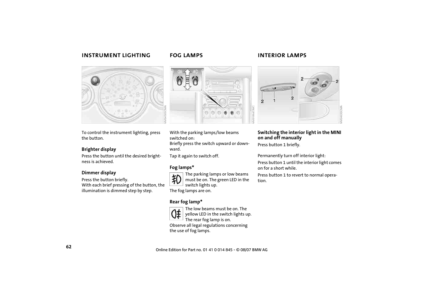 Instrument lighting, Fog lamps, Interior lamps | Mini 2008 Cooper Convertible User Manual | Page 64 / 176