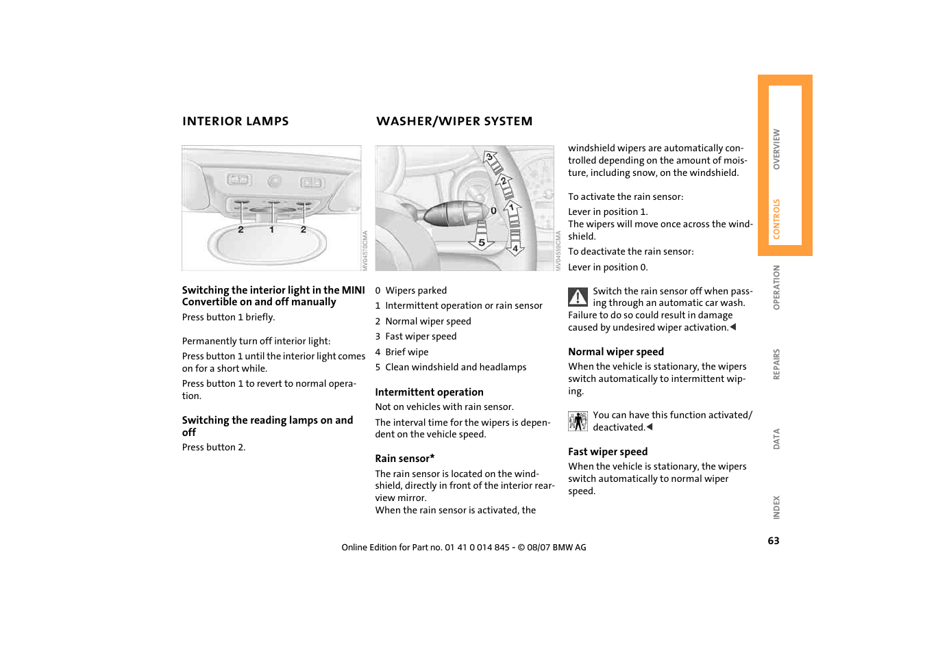 Interior lamps, Washer/wiper system, Washer/wiper system 63 | Mini 2008 Cooper Convertible User Manual | Page 65 / 176