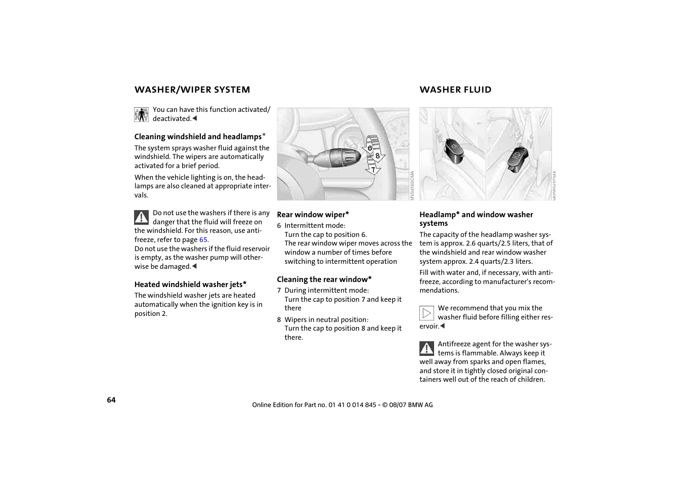 Washer/wiper system, Washer fluid | Mini 2008 Cooper Convertible User Manual | Page 66 / 176