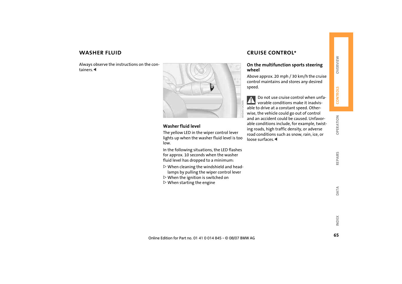 Washer fluid, Cruise control | Mini 2008 Cooper Convertible User Manual | Page 67 / 176