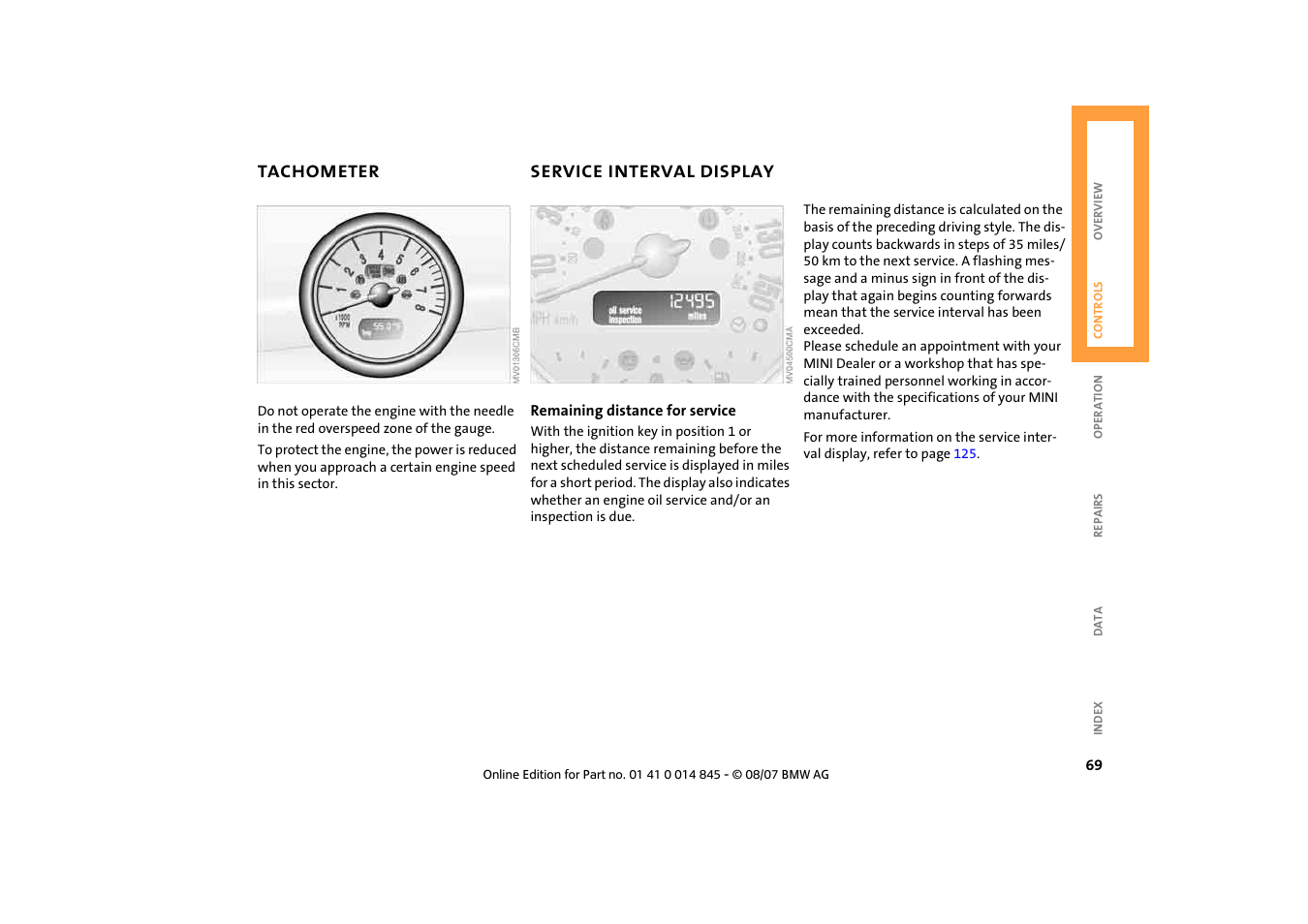 Tachometer, Service interval display, Tachometer 69 service interval display 69 | Mini 2008 Cooper Convertible User Manual | Page 71 / 176