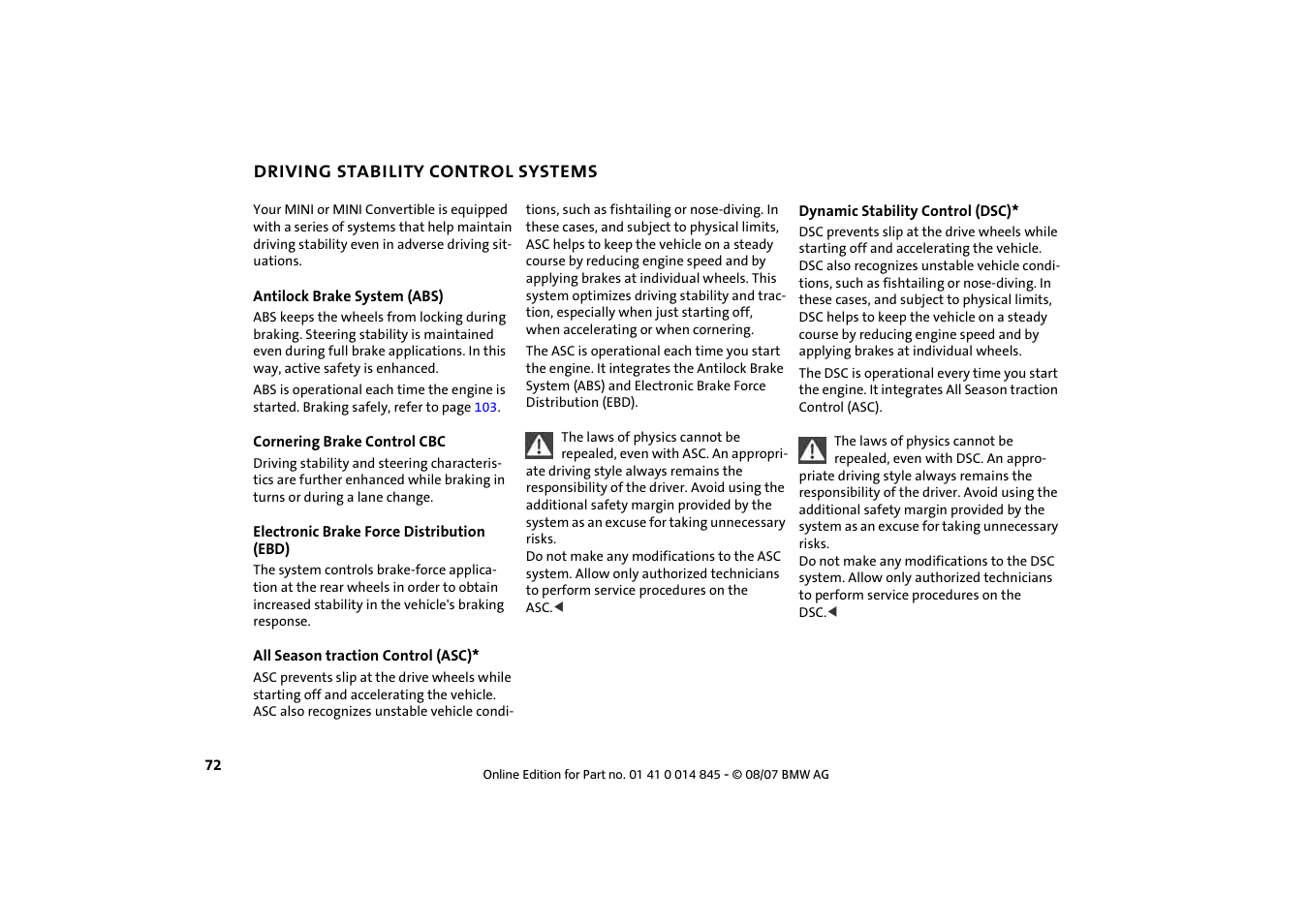 Driving stability control systems | Mini 2008 Cooper Convertible User Manual | Page 74 / 176