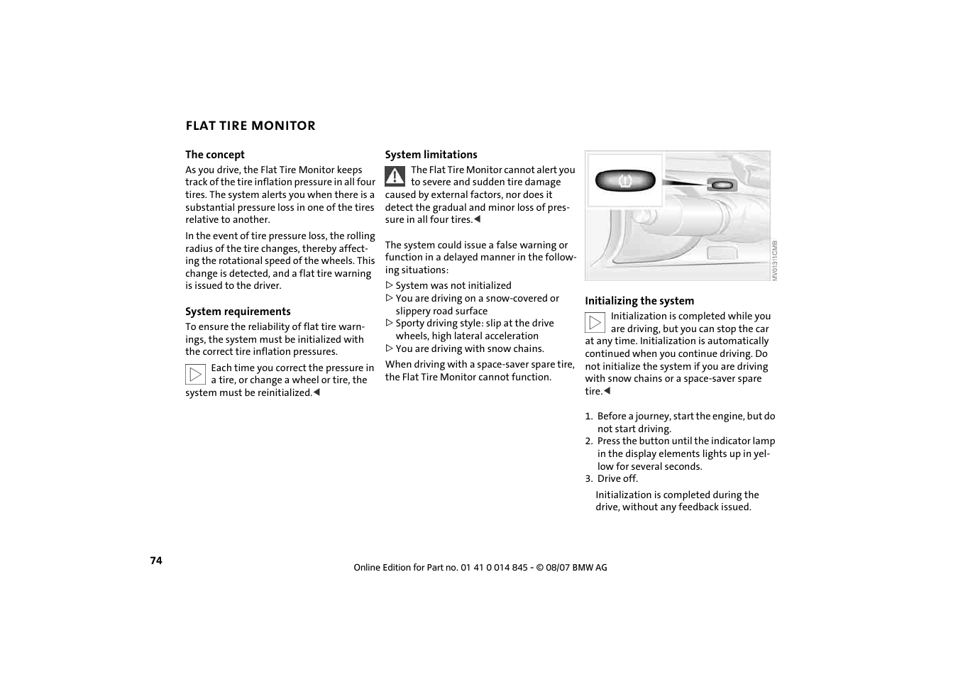 Flat tire monitor, Flat tire monitor 74 | Mini 2008 Cooper Convertible User Manual | Page 76 / 176