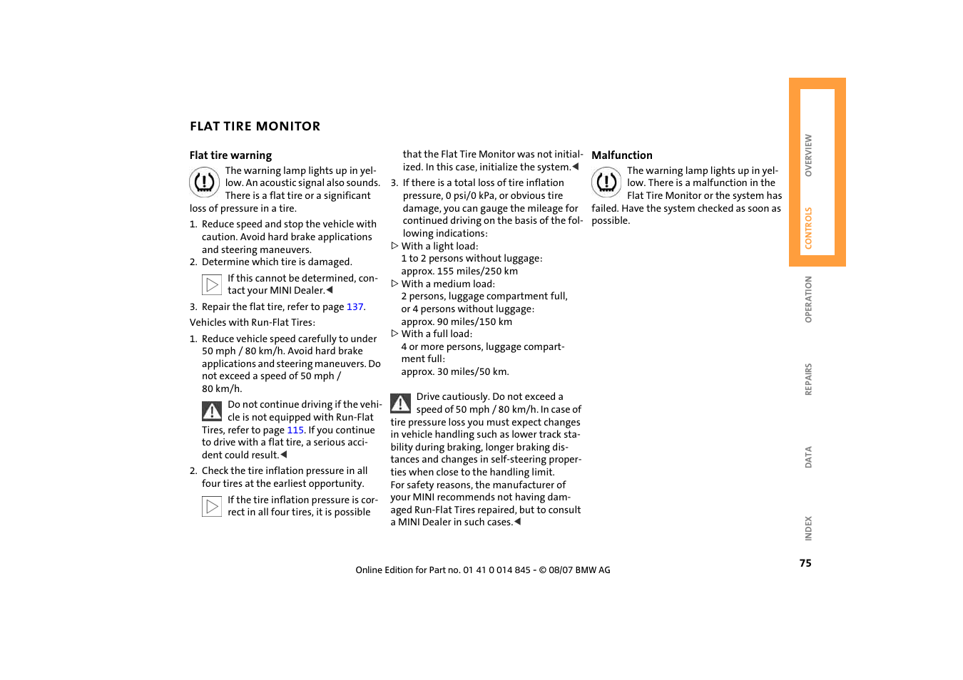 Flat tire monitor | Mini 2008 Cooper Convertible User Manual | Page 77 / 176