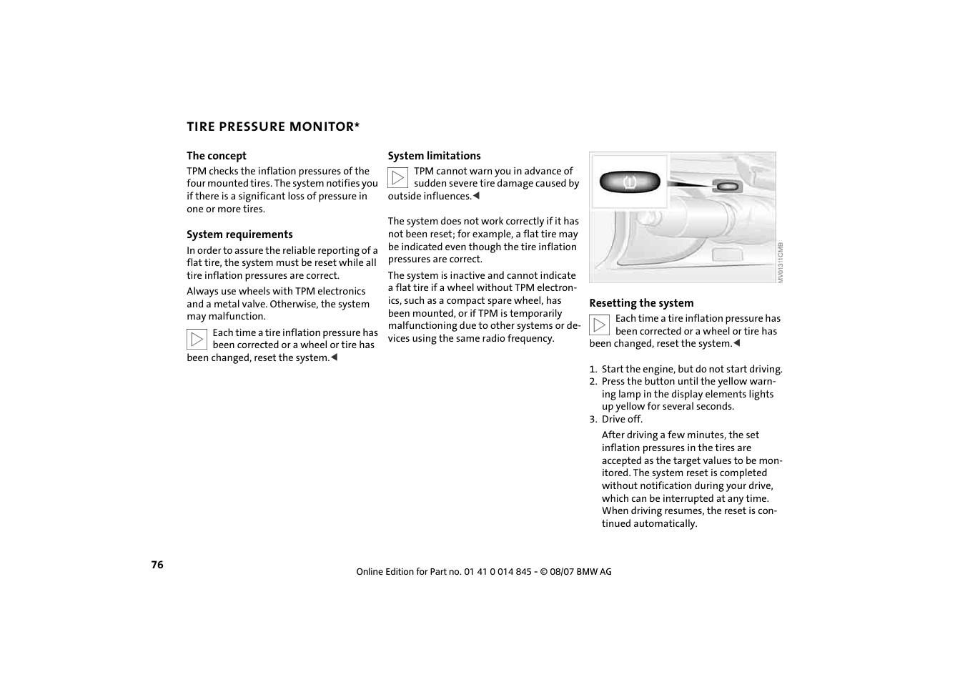 Tire pressure monitor | Mini 2008 Cooper Convertible User Manual | Page 78 / 176