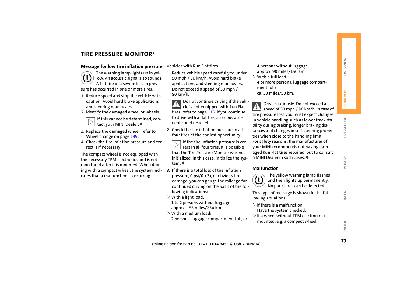 Tire pressure monitor | Mini 2008 Cooper Convertible User Manual | Page 79 / 176