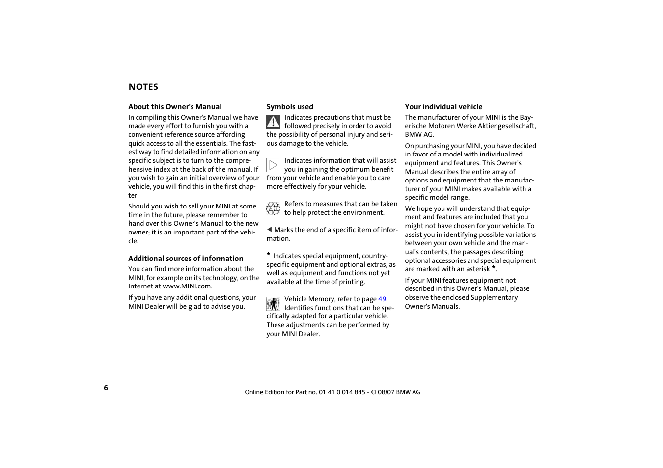 Notes | Mini 2008 Cooper Convertible User Manual | Page 8 / 176