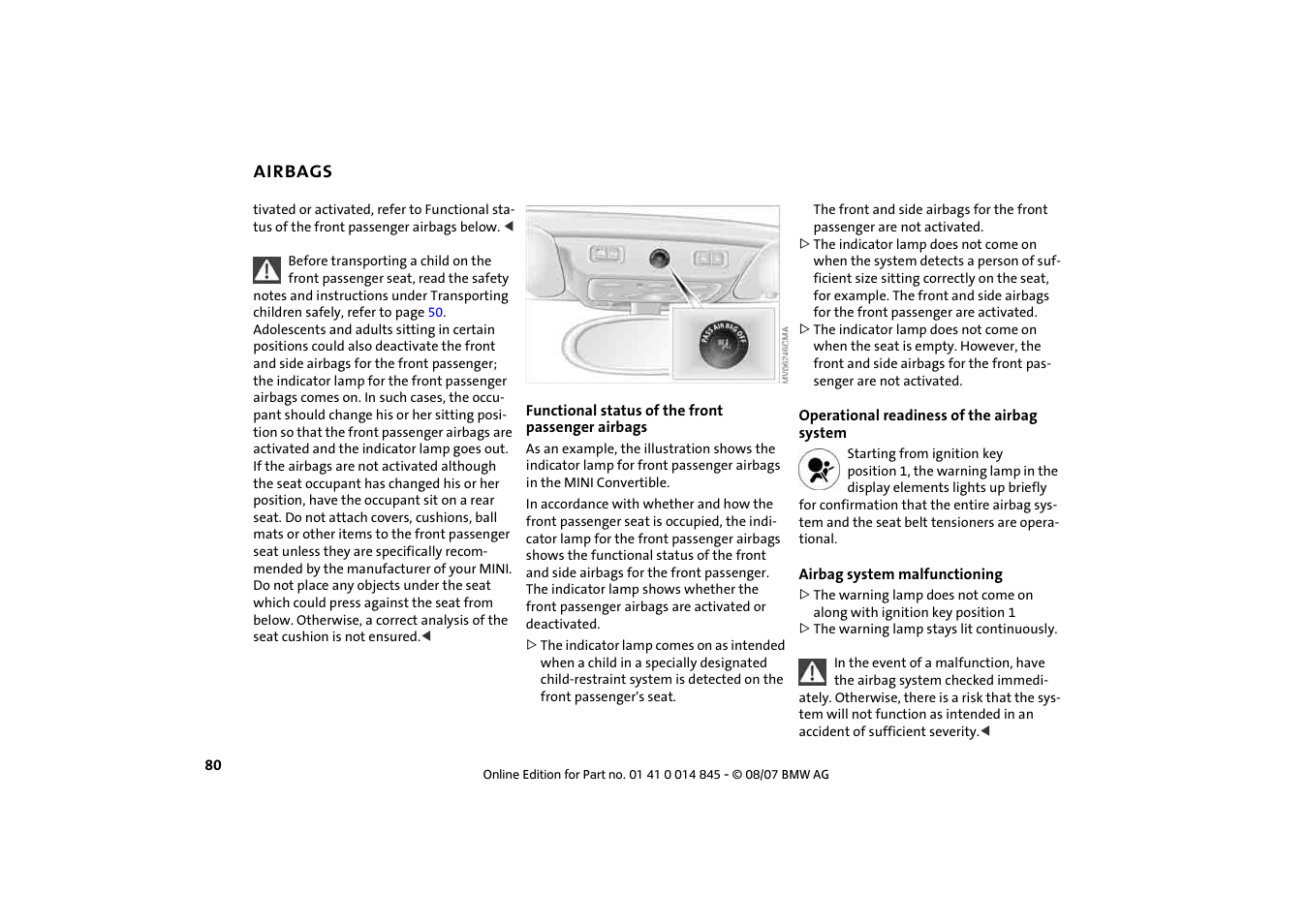 Airbags | Mini 2008 Cooper Convertible User Manual | Page 82 / 176