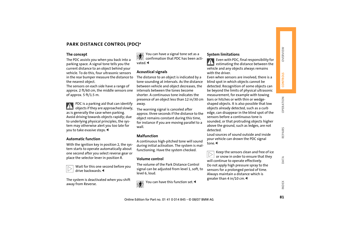 Park distance control (pdc) | Mini 2008 Cooper Convertible User Manual | Page 83 / 176