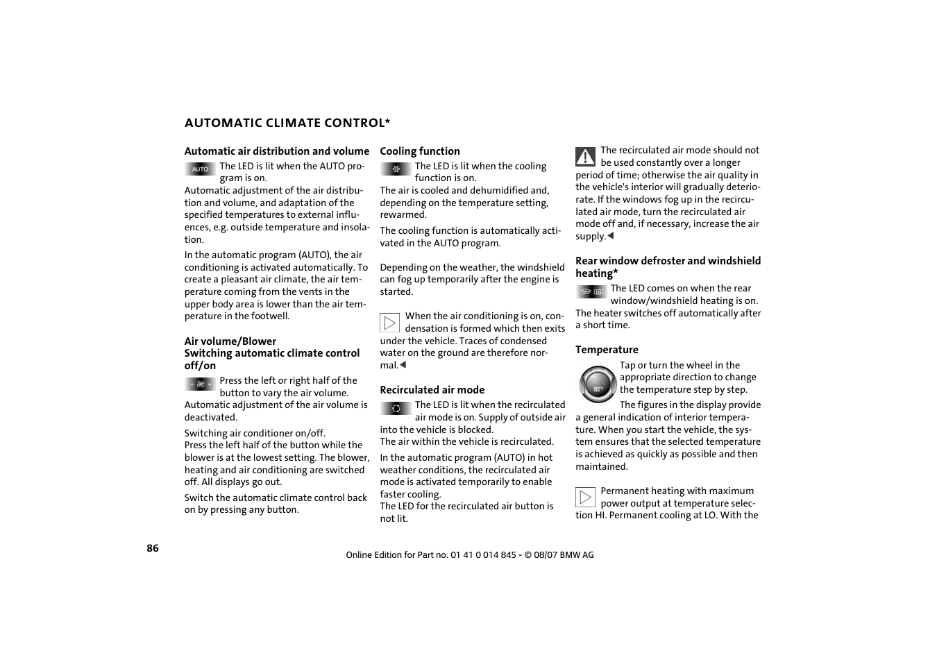 Automatic climate control | Mini 2008 Cooper Convertible User Manual | Page 88 / 176