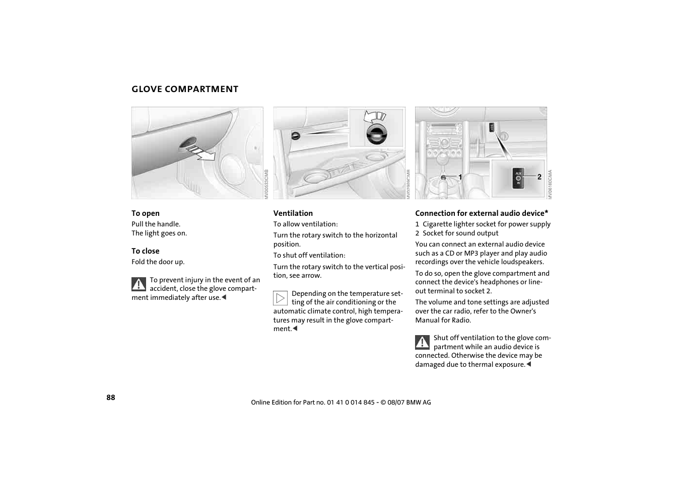 Glove compartment, Glove compartment 88 | Mini 2008 Cooper Convertible User Manual | Page 90 / 176