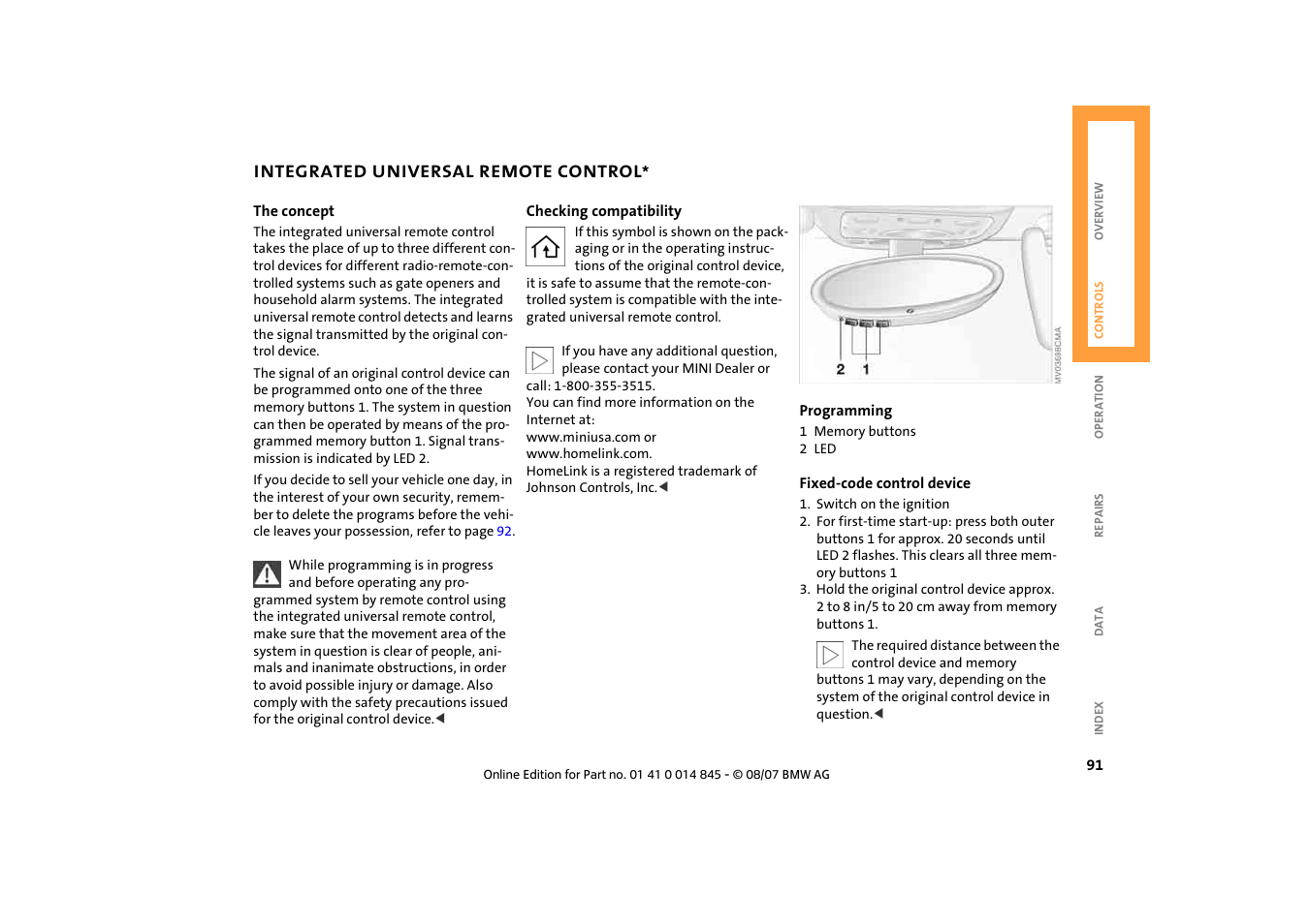 Integrated universal remote control | Mini 2008 Cooper Convertible User Manual | Page 93 / 176
