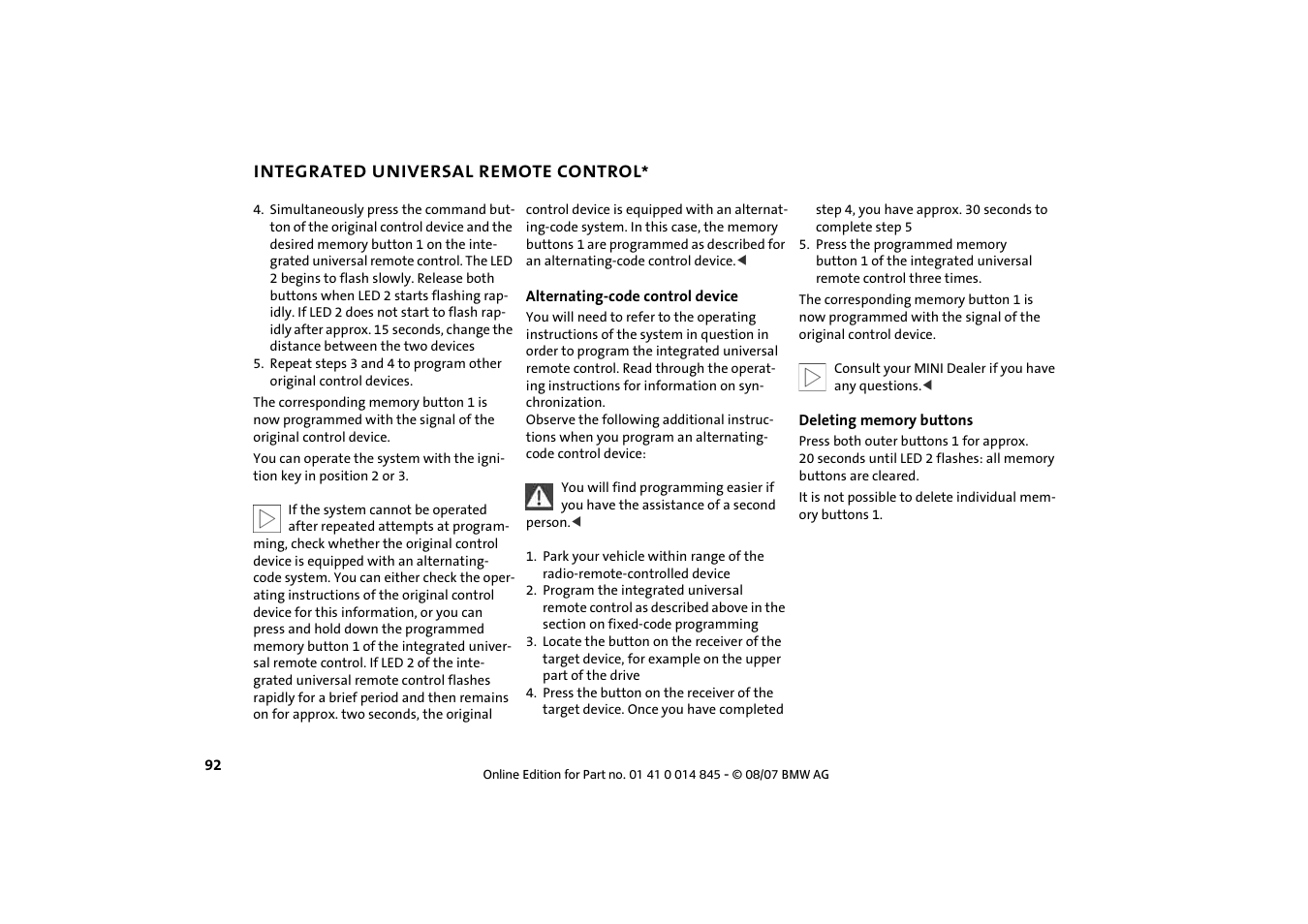 Integrated universal remote control | Mini 2008 Cooper Convertible User Manual | Page 94 / 176