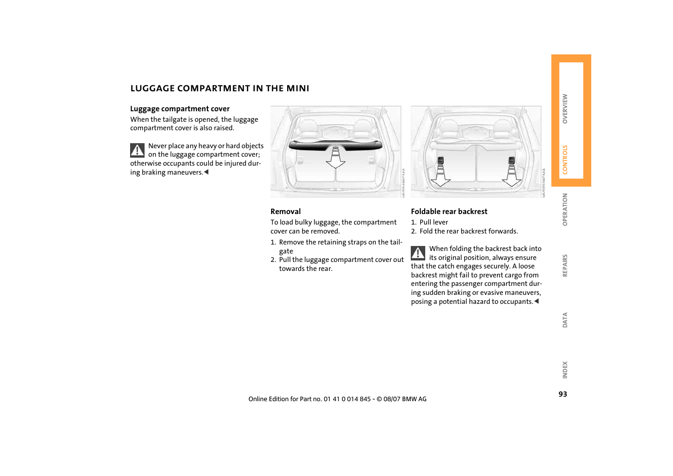 Luggage compartment in the mini, Luggage compartment in the mini 93 | Mini 2008 Cooper Convertible User Manual | Page 95 / 176