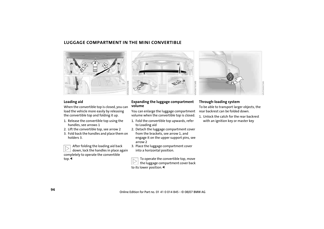 Luggage compartment in the mini convertible, Luggage compartment in the mini, Convertible 94 | Mini 2008 Cooper Convertible User Manual | Page 96 / 176
