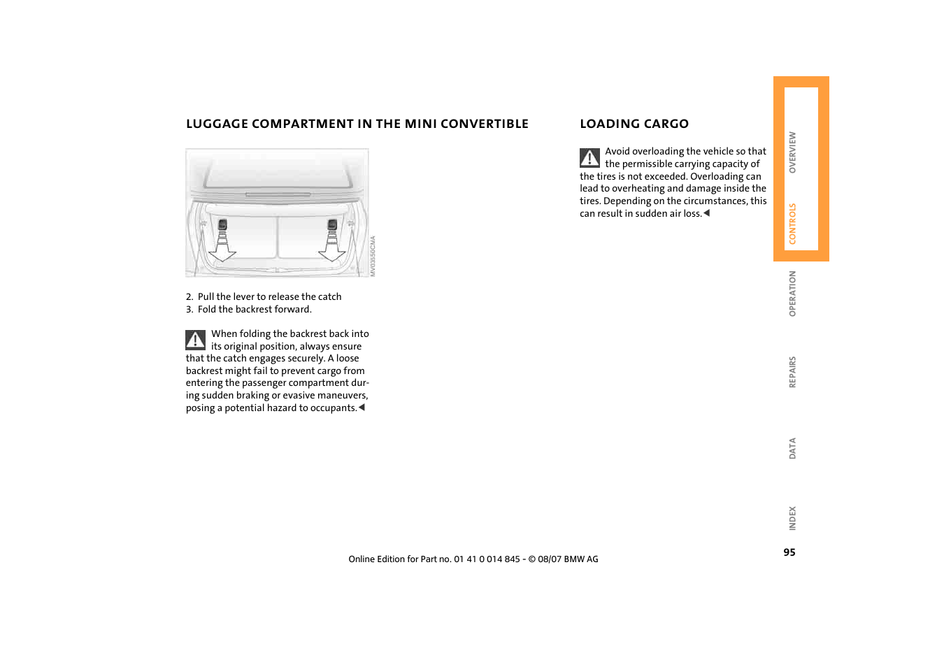 Luggage compartment in the mini convertible, Loading cargo, Loading cargo 95 | Mini 2008 Cooper Convertible User Manual | Page 97 / 176