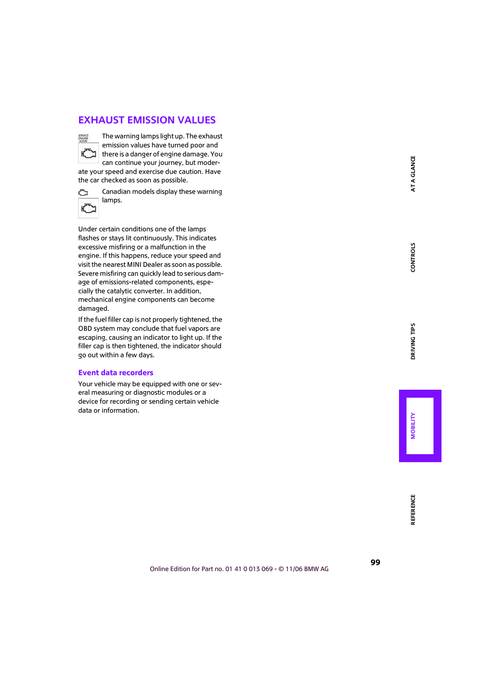 Exhaust emission values | Mini 2007 Cooper User Manual | Page 101 / 148