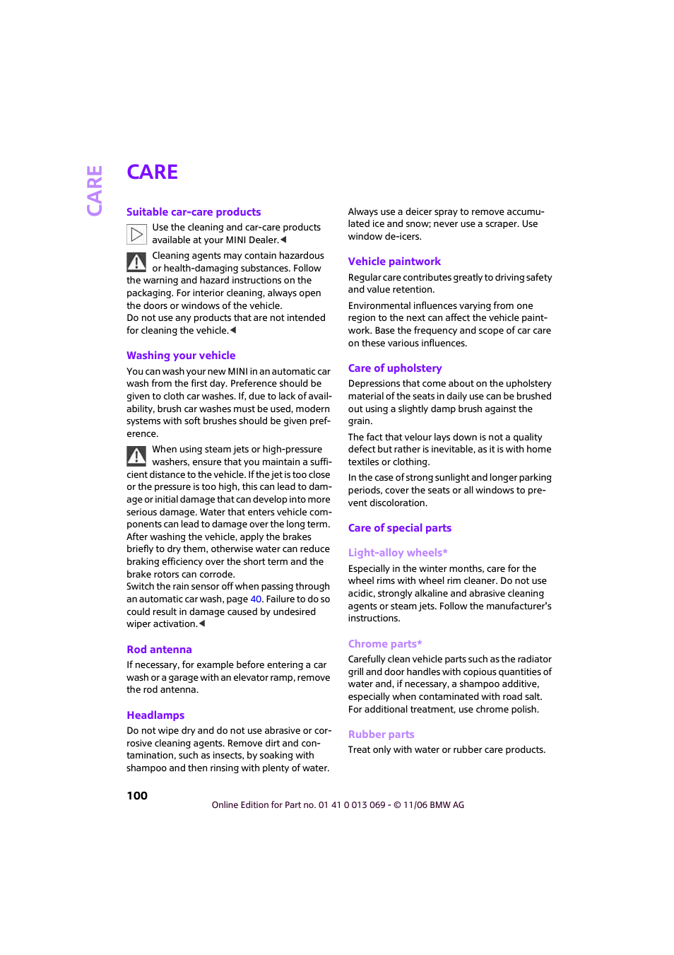 Care | Mini 2007 Cooper User Manual | Page 102 / 148