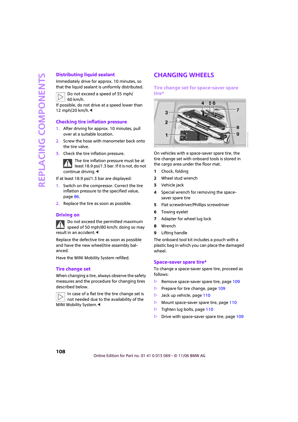 Changing wheels, Re p la c ing co mp o n en ts | Mini 2007 Cooper User Manual | Page 110 / 148