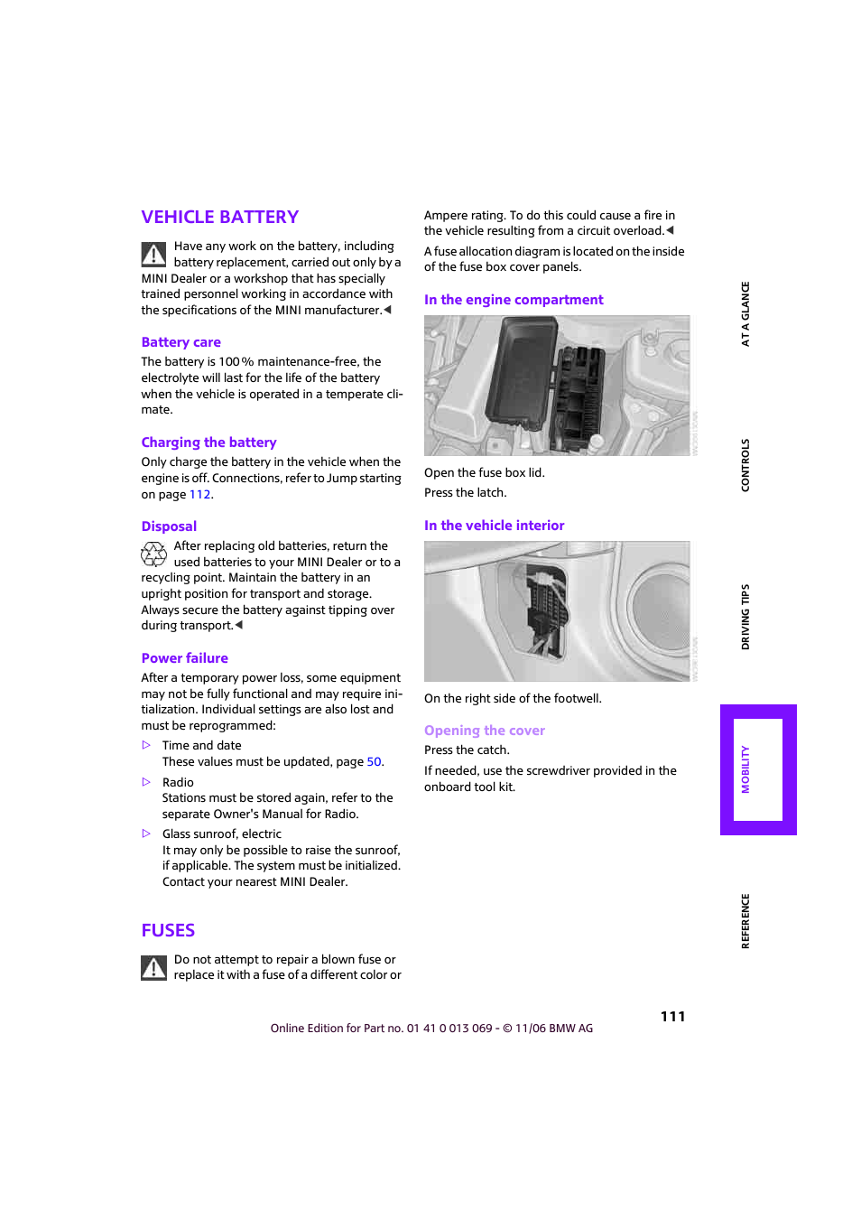 Vehicle battery, Fuses | Mini 2007 Cooper User Manual | Page 113 / 148