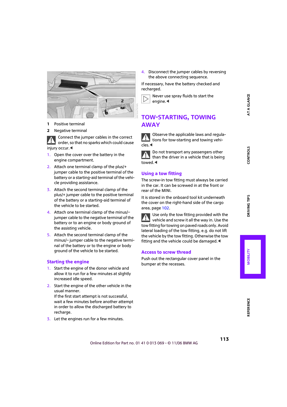 Tow-starting, towing away | Mini 2007 Cooper User Manual | Page 115 / 148