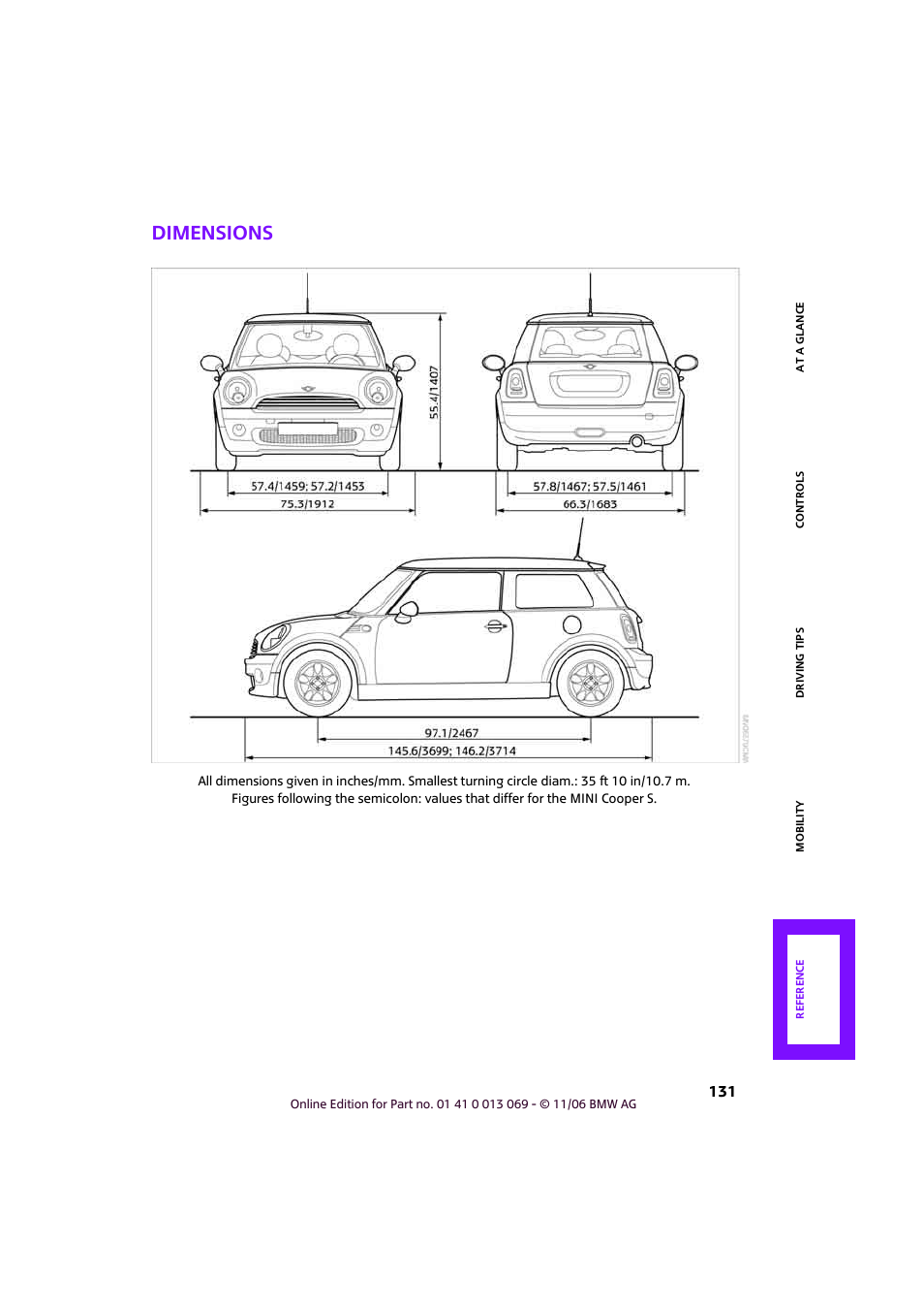Dimensions | Mini 2007 Cooper User Manual | Page 133 / 148