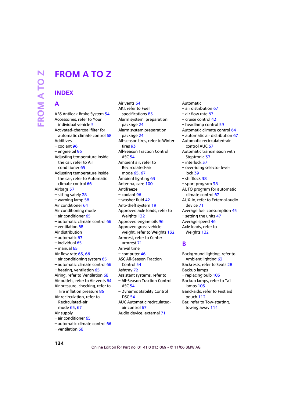 From a to z, Index, Index a | Mini 2007 Cooper User Manual | Page 136 / 148