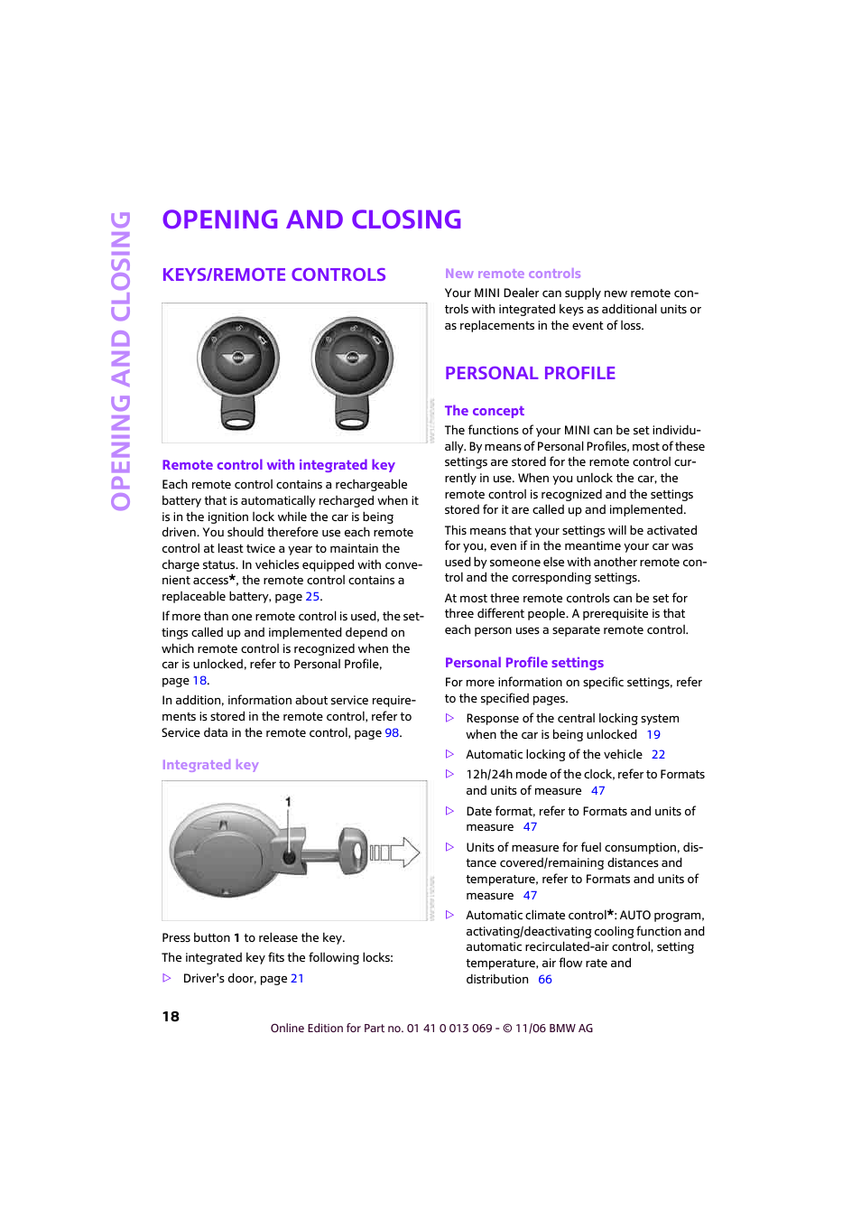 Opening and closing, Keys/remote controls, Personal profile | Ntrol, Open ing and closing | Mini 2007 Cooper User Manual | Page 20 / 148