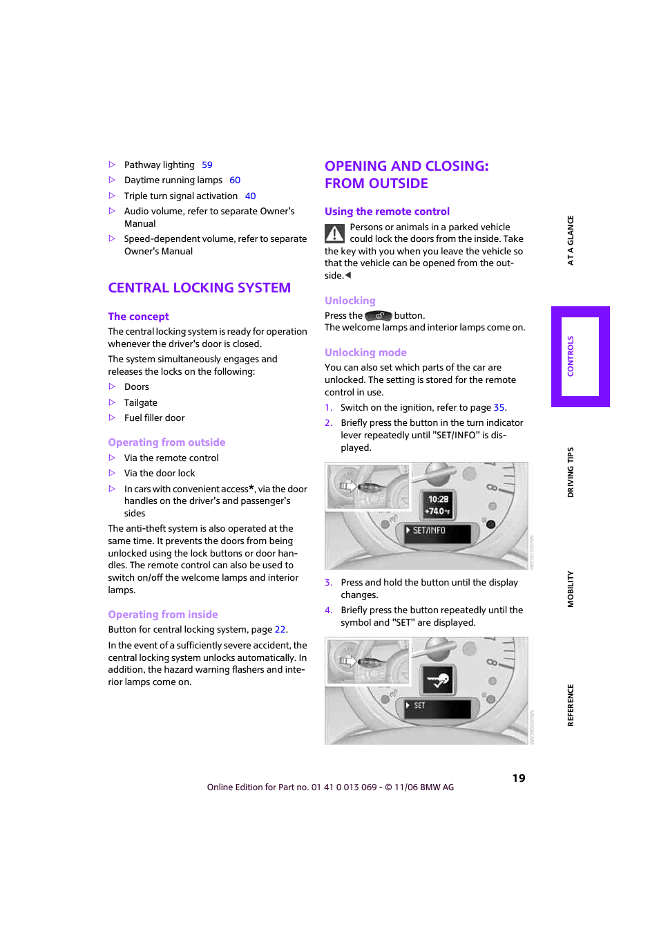 Central locking system, Opening and closing: from outside | Mini 2007 Cooper User Manual | Page 21 / 148