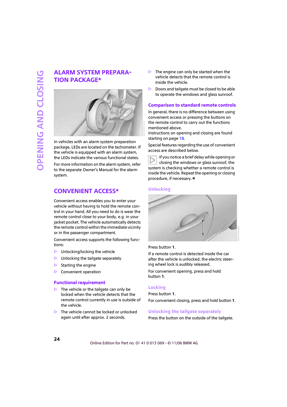 Alarm system preparation package, Convenient access, Open ing and closing | Alarm system prepara- tion package | Mini 2007 Cooper User Manual | Page 26 / 148