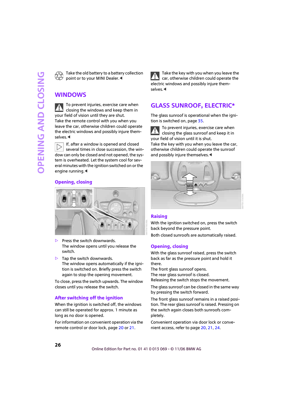 Windows, Glass sunroof, electric, Open ing and closing | Mini 2007 Cooper User Manual | Page 28 / 148