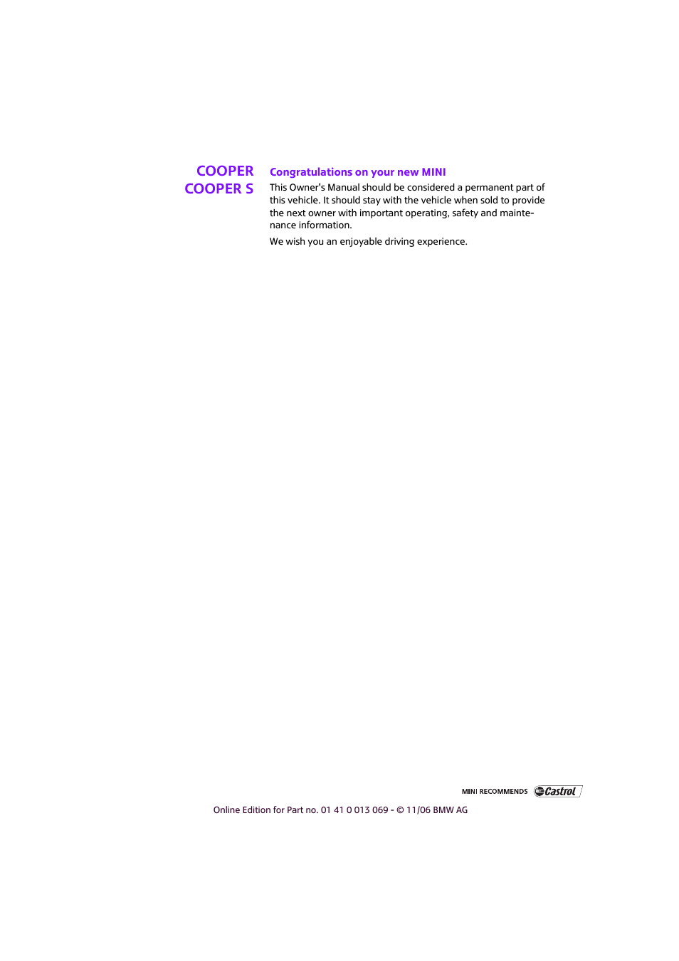 Cooper cooper s | Mini 2007 Cooper User Manual | Page 3 / 148