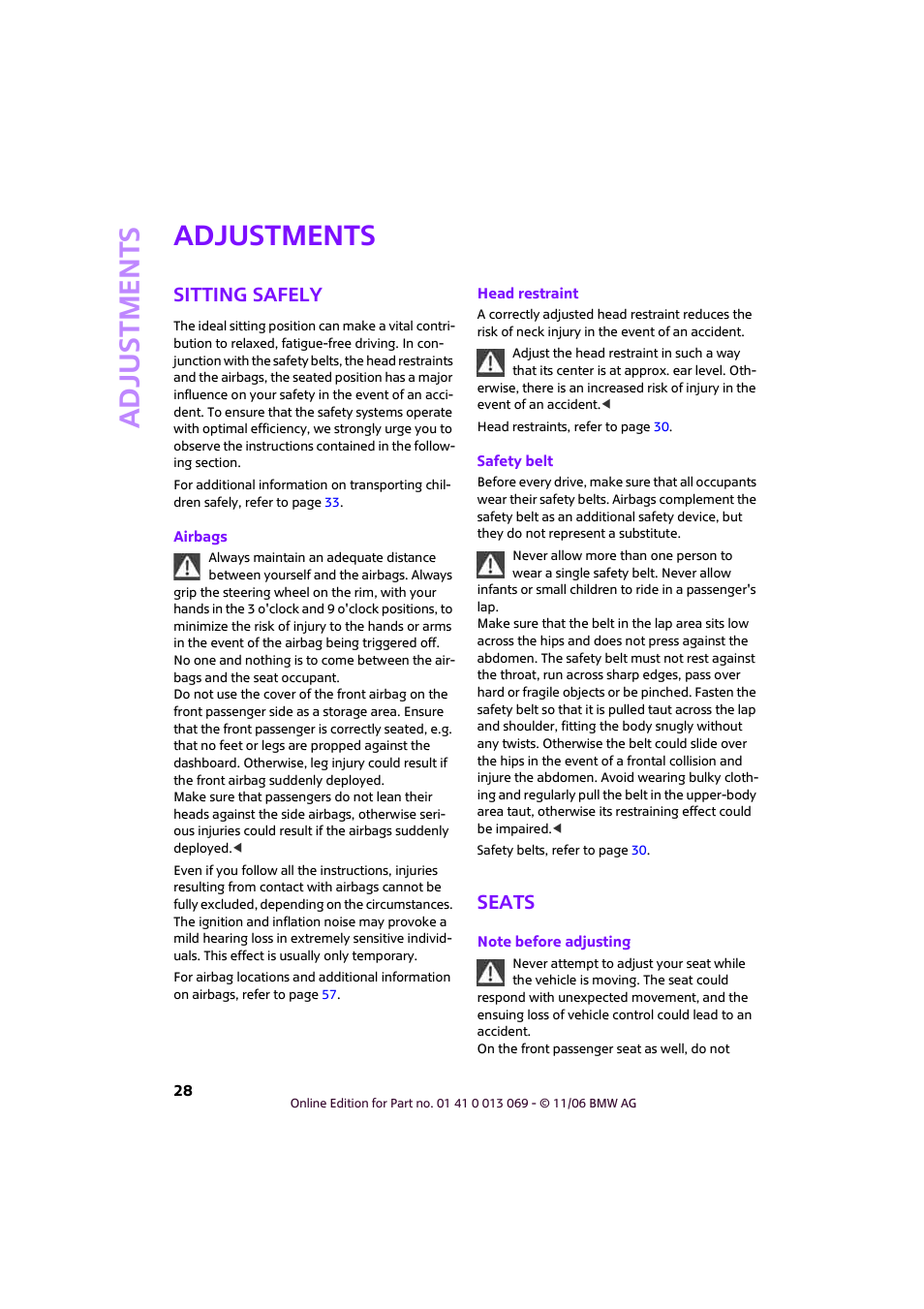 Adjustments, Sitting safely, Seats | Mini 2007 Cooper User Manual | Page 30 / 148