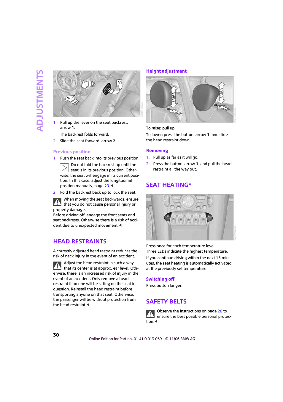 Head restraints, Seat heating, Safety belts | Safety belts, r, Adjustments | Mini 2007 Cooper User Manual | Page 32 / 148